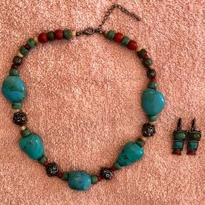 Turquoise & Antique Gold w/ Accents of Green, Orange & Cream Necklace & Earrings